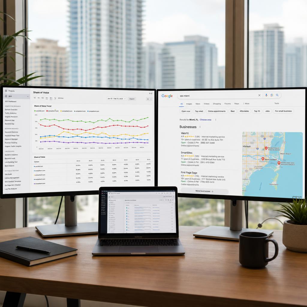 Glintlab Brickell studio desk setup with a MacBook and dual 32-inch monitors facing the Miami skyline